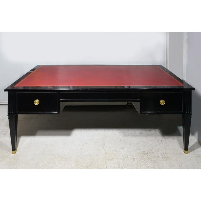 Vintage Ebonized Leather-Top French Bureau Plat Faux-Partner's Desk For Sale In New York - Image 6 of 8