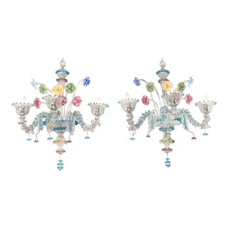 1950s Mid-Century Hand-Blown Murano 3-Arm Classical Wall Sconces - a Pair For Sale