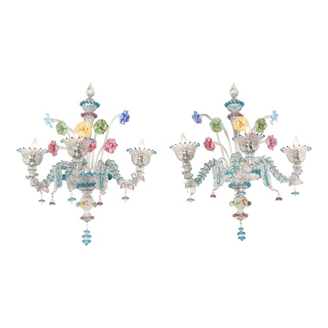 1950s Mid-Century Hand-Blown Murano 3-Arm Classical Wall Sconces - a Pair For Sale