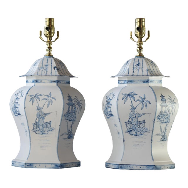Pair Vintage Chinoiserie 6 Sided Blue and White Painted Tole Temple Jar Lamp For Sale