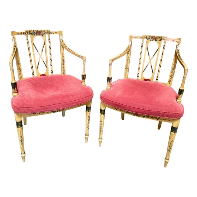 Antique Neoclassical Floral Painted Armchairs - A Pair For Sale