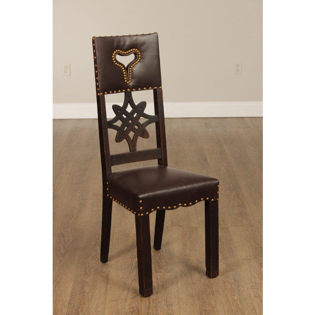 High Quality Antique Early 20th Century Carved Oak Side Hall Chair with Custom Leather Upholstery and Nailhead Trim (Not...