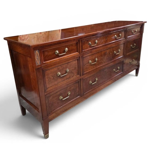 Stickley Solid Cherry Nine-Drawer Triple Dresser With Brass Hardware and Diamond Carved Accents, Circa 1990s For Sale - Image 11 of 14