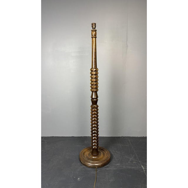Mid-Century Brutalist Art Deco Floor French Wood Turned Lamp in the Style of Charles Dudouyt, 1950s For Sale - Image 11 of 14