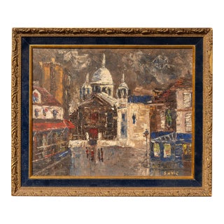 Mid 20th Century Rainy Cityscape | Framed Savic Oil Painting For Sale