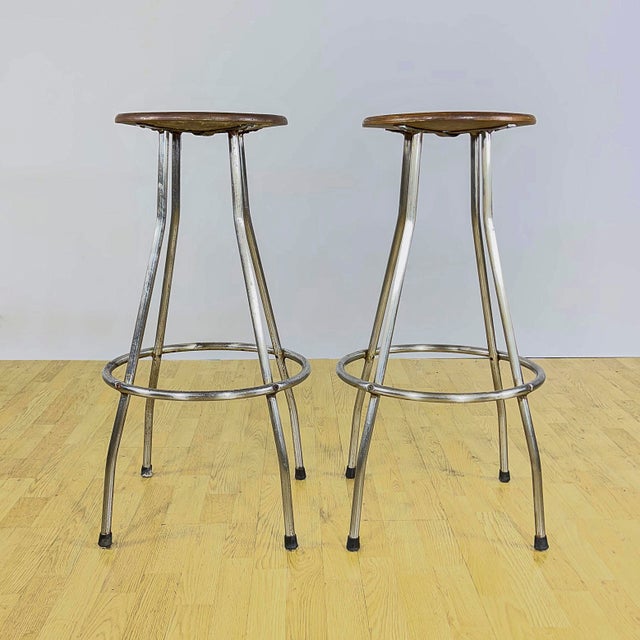Industrial Stools in Tubular Steel and Plywood Seat, 1960s, Set of 2 For Sale - Image 10 of 18