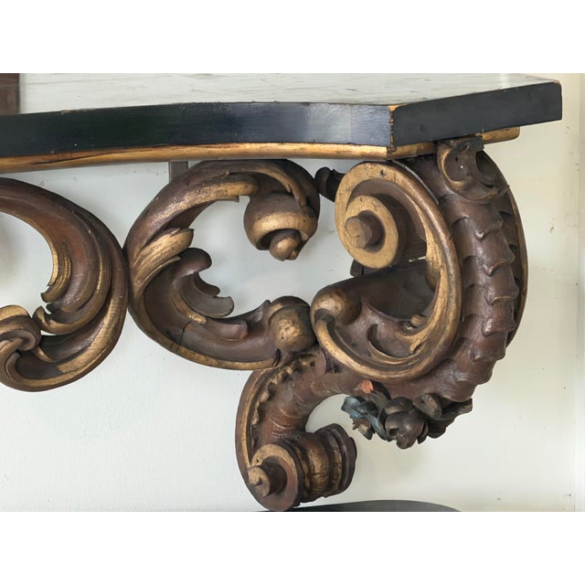 Wood Antique Monumental Baroque Style Giltwood Console Table With Ebonized Top, 74.5” For Sale - Image 7 of 12