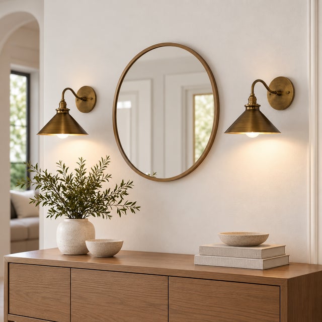 Brass Antique Brass Cone Wall Sconces With Wide Metal Shades and Curved Arms - Pair For Sale - Image 8 of 12