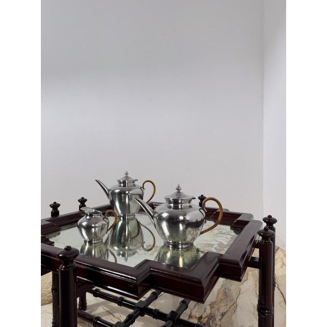 Mid-20th Century Pewter Tea Set with Rattan Wrapped Handlers from Gras et Etienne, 1950s, Set of 3 For Sale - Image 4 of 18