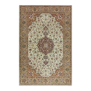 1940s Green Medallion Classical Motifs Antique Tabriz Knotted Wool Rug For Sale