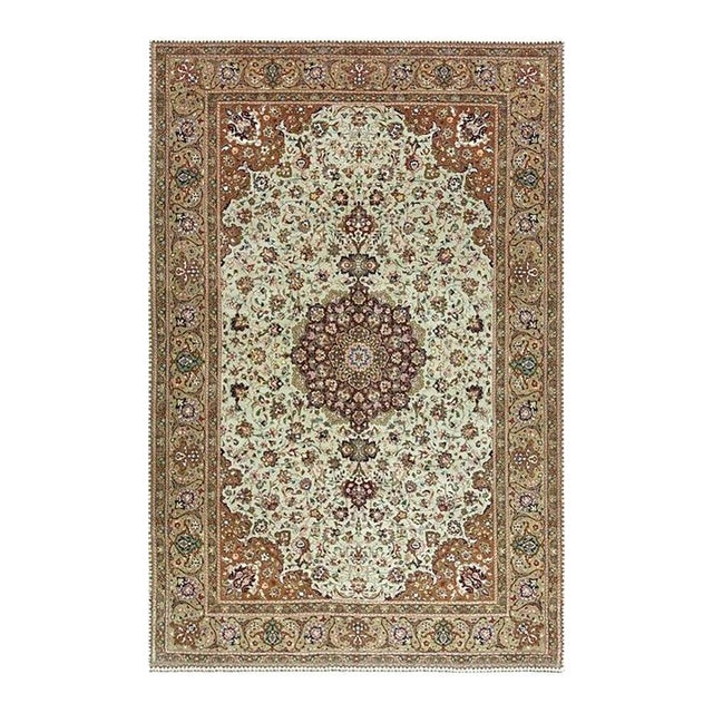 1940s Green Medallion Classical Motifs Antique Tabriz Knotted Wool Rug For Sale