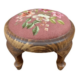 Farmhouse Style Floral Needlepoint Footstool For Sale
