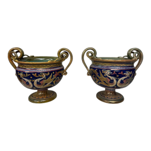 Pair of Antique Italian Dragon Decorated Faience Vases With Figural Snake Handles
