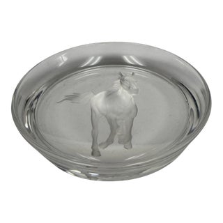 Vintage Japanese Hoya Crystal Etched Horse Wine Coaster & Trinket Dish For Sale