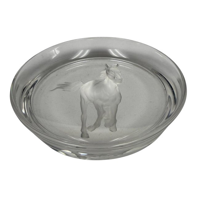 Vintage Japanese Hoya Crystal Etched Horse Wine Coaster & Trinket Dish For Sale