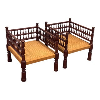 Indian Vintage Rush Seat Low Chairs, Pair For Sale