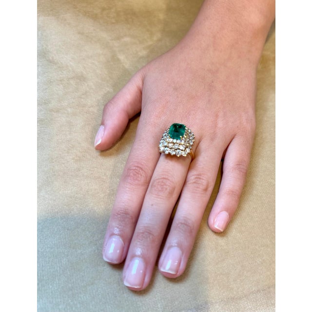 GIA Certified 3.41 Carat Cushion Cut Colombian Emerald & Diamond Ring 18K Y Gold For Sale - Image 14 of 18