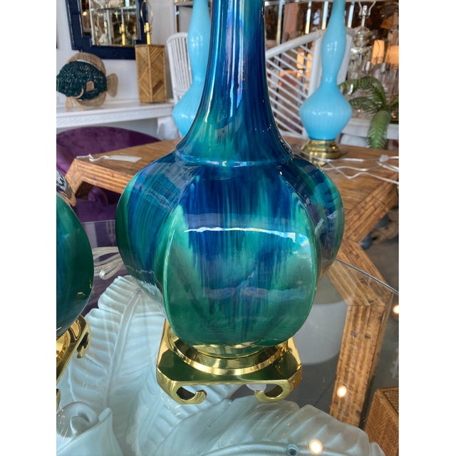 Vintage Pair of Blue Green Ceramic Table Lamps Brass Greek Key Base - a Pair For Sale In New York - Image 6 of 11