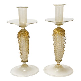 Opaline and Gold Polveri Murano Glass Candlesticks from Gabbiani, Italy, 1980s, Set of 2 For Sale