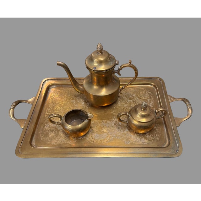 Vintage Antique Brass Finish Tea Set With Pinecone Finials In very good original unpolished condition showing some typical...