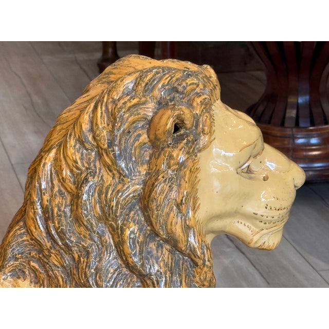 Pair of 19th Century French Faience Glazed Ceramic Recumbent Lions For Sale - Image 6 of 9