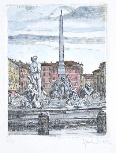 Giuseppe Malandrino, Navona Square, Etching, 1960s Reproduction Prints
