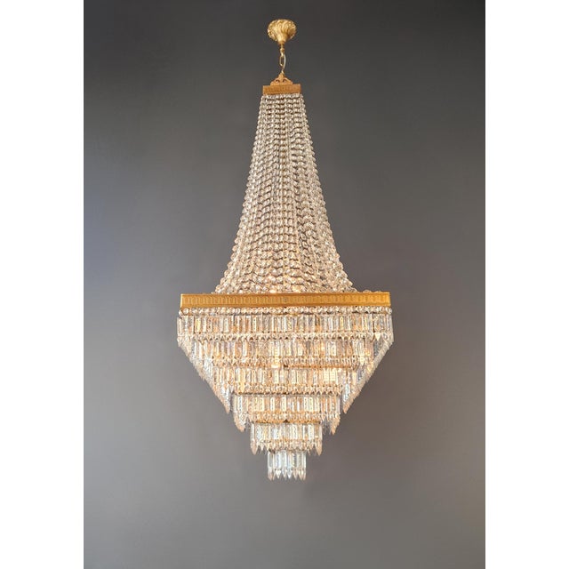 Metal Antique Art Deco Crystal Chandeliers Brass Tiered Chandelier Restored - Set of 3 For Sale - Image 7 of 9