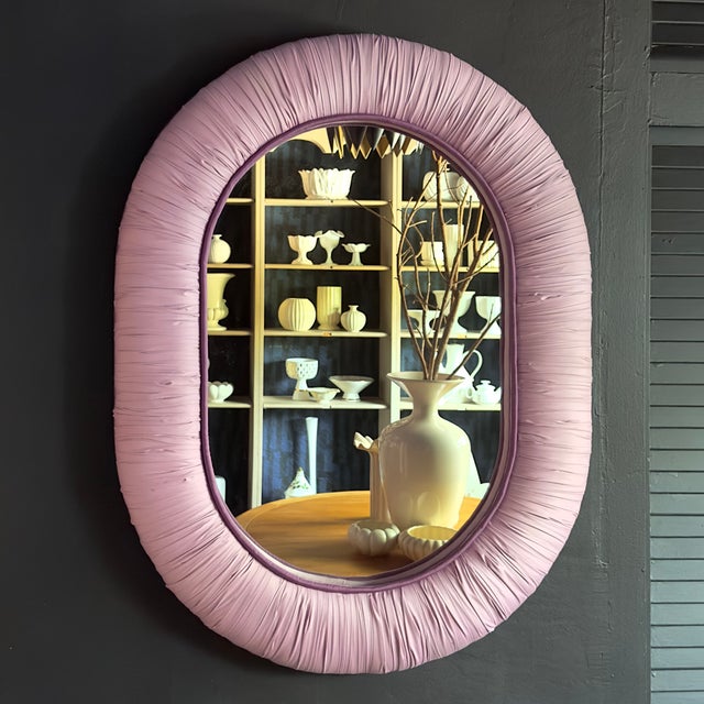 Fabulous Custom-Made Mauve Ruched Silk Taffeta Oval Wall Mirror For Sale - Image 9 of 9