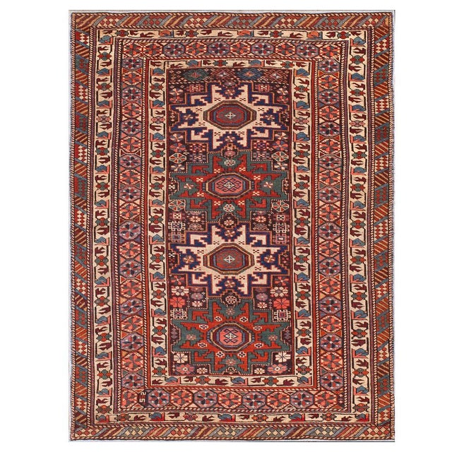 Tribal 1890s Blue Navy Geometric Tribal Antique Caucasian Shirvan Lesghi Rug 3'6" X 4'6" Hand Knotted Pile Wool Carpet For Sale - Image 3 of 5