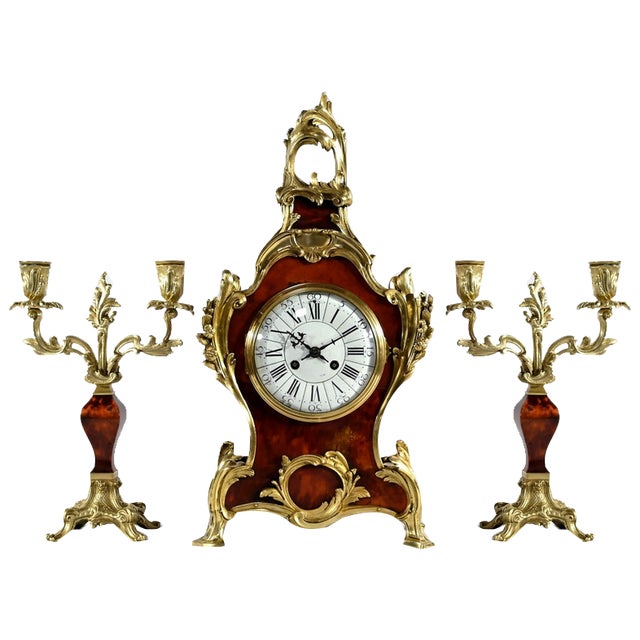 2nd Half 19th Century Bronze and Painted Wood Mantel Set from Vincenti & Cie, Set of 3 For Sale