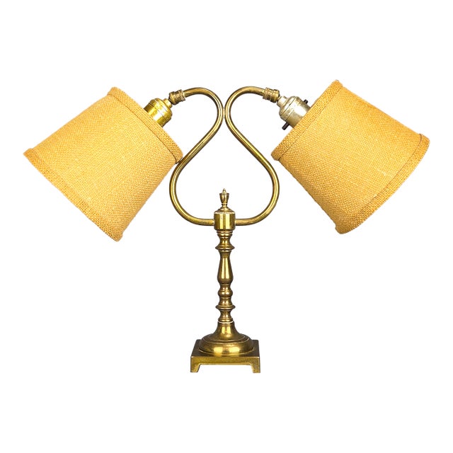 Vintage Solid Brass Gooseneck Accent Lamp With Double Arms and Two Shades For Sale