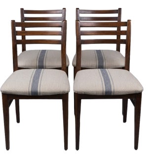 Vintage Hungarian Dining Chairs in Beige Fabric with Blue Center Stripe and Wooden Frames, Set of 4 For Sale