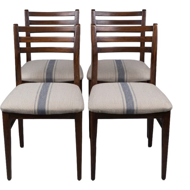 Vintage Hungarian Dining Chairs in Beige Fabric with Blue Center Stripe and Wooden Frames, Set of 4 For Sale
