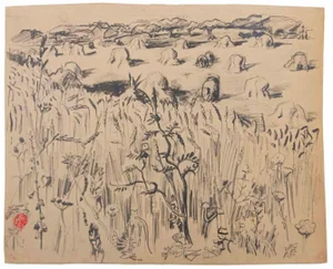 Suzanne Tourte, Country Scene, Ink & Pencil Drawing, 1940s