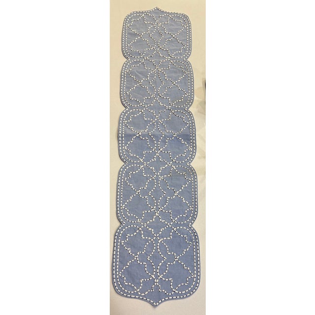 Sky Blue Chambray Blue Table Runner With Navy and White Embroidered Piping For Sale - Image 8 of 8