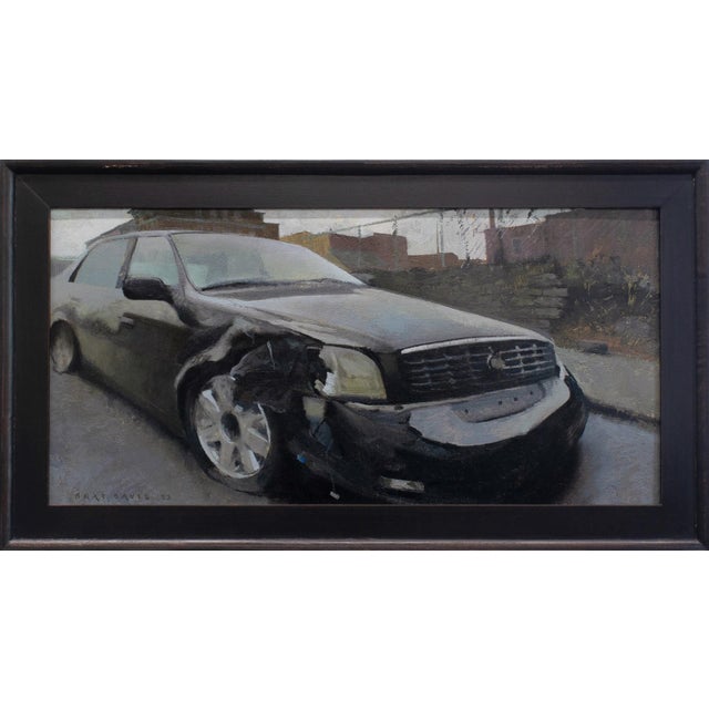 Realism Camp Washington Caddy by Brad Davis | Oil on wood panel Black car with damage parked on street For Sale - Image 3 of 5