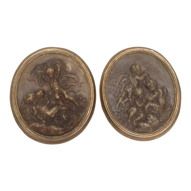 Antique Wax Cherub Reliefs - A Pair For Sale
