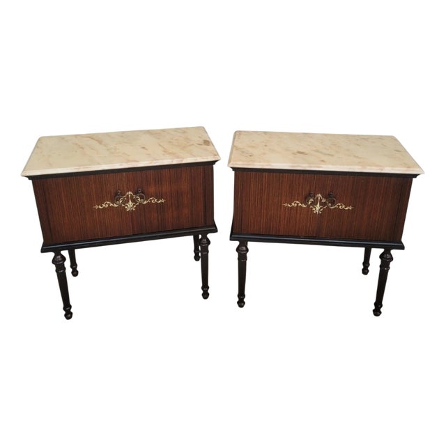 Midcentury Modern Bedside Tables with Marble Top, Set of 2 For Sale