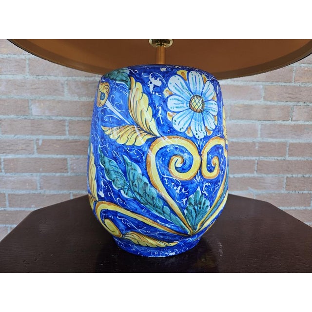 Painted Ceramic Table Lamp with Fabric Lampshade, 1970s For Sale - Image 9 of 16