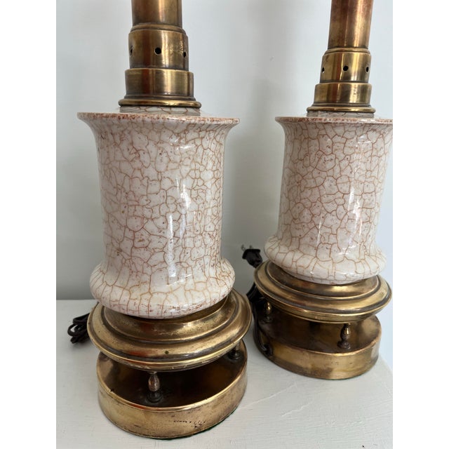 Stiffel Mid-Century Modern Crackle Glazed Brass Table Lamps - A Pair For Sale - Image 9 of 11