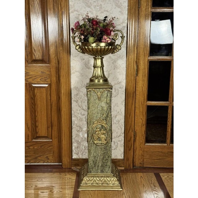 Mid 20th Century Mid 20th Century Pair of Empire Style Verde Marble and Gilt Mounted Pedestal Columns For Sale - Image 5 of 7
