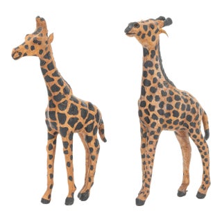 Standing Giraffe Painted Leather Sculptures, 2 For Sale