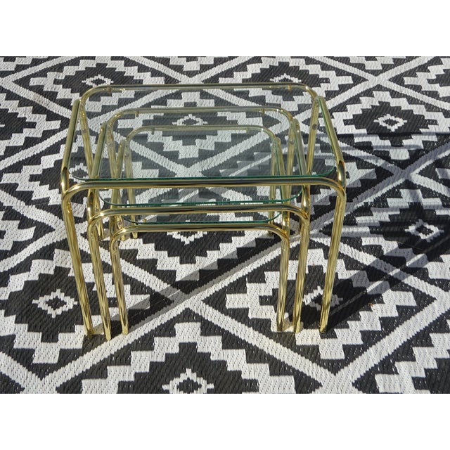 Nesting Tables in Gilt Metal and Tempered Glass, 1990s, Set of 3 For Sale - Image 11 of 18