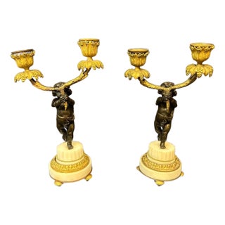 Antique Bronze & Marble Angel Candelabra - A Pair For Sale