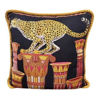 Vintage Salvatore Ferragamo Silk Leopard & Egyptian Motif Pillow For Sale