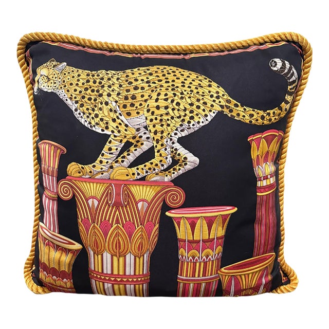 Vintage Salvatore Ferragamo Silk Leopard & Egyptian Motif Pillow For Sale