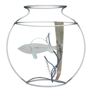 Vintage 1994 Metal Fish Bowl Sculpture, Signed For Sale