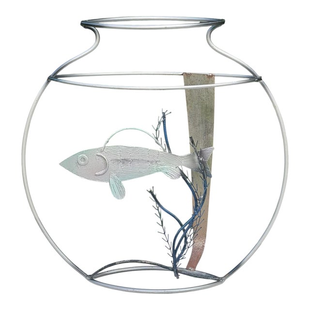 Vintage 1994 Metal Fish Bowl Sculpture, Signed For Sale