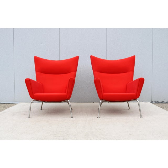 Wood MCM Danish Hans J. Wegner for Carl Hansen & Son Ch445 Wing Lounge Chairs, a Pair For Sale - Image 7 of 18
