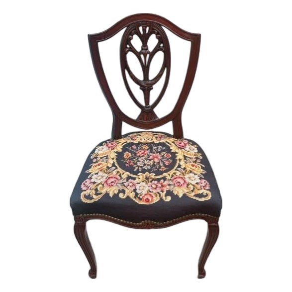Vintage Federal Style Shield Back Side Chair W/ Floral Needlepoint Seat For Sale